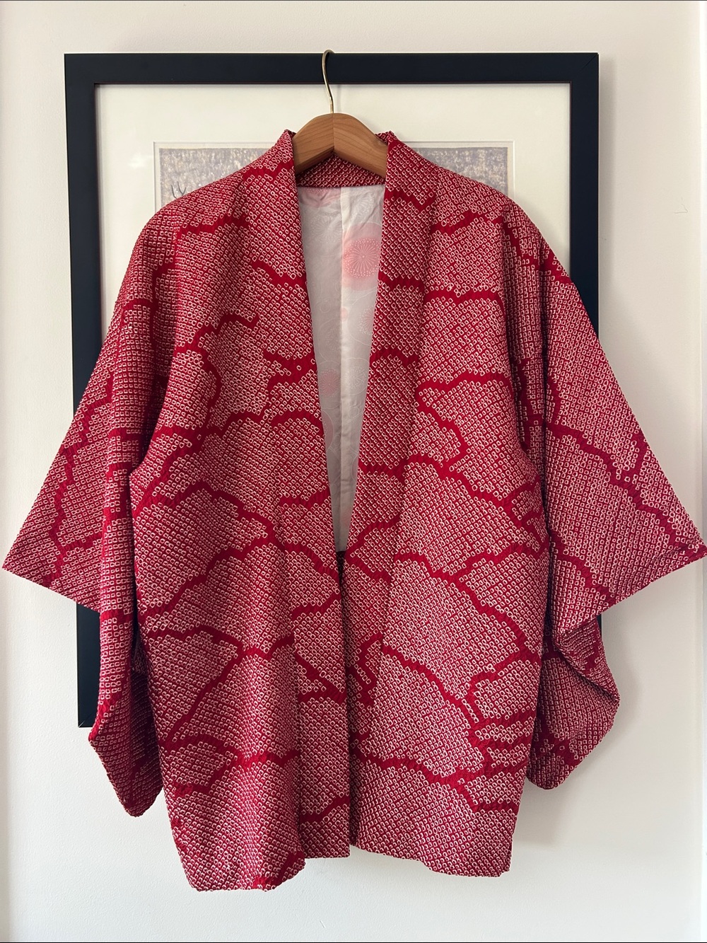 Stunning Vintage Silk Haori Kimono Jacket – Crimson & White Kanoko Shibori - Picture 1 of 14